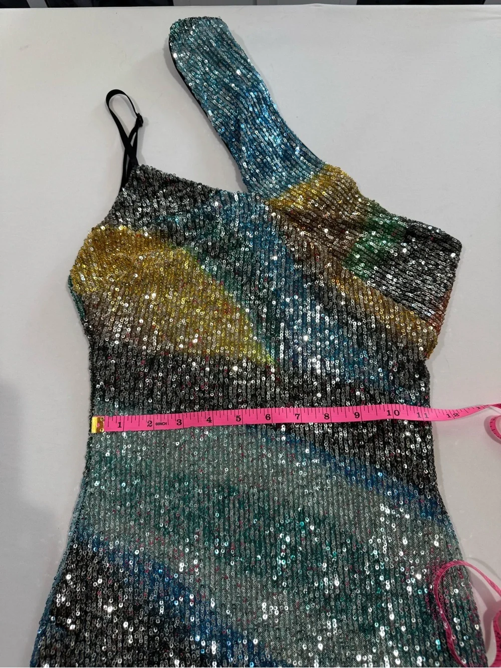 Multicolor Sequin One Shoulder Midi Dress Side Slit - Picture 7 of 11